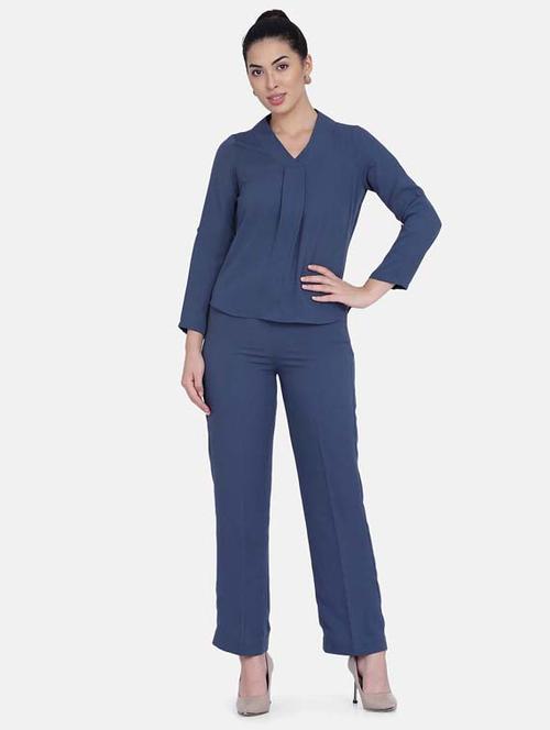v-neck solid top & trouser set - 17828966 - Very Small Image - 1