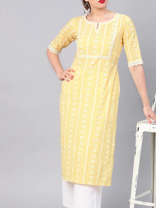 yellow & white blocked kurta - 17832888 - Very Small Image - 1