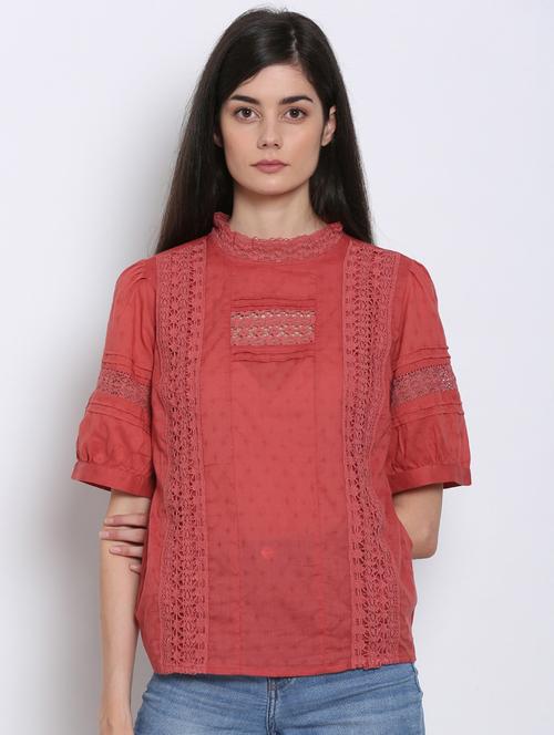 lace detail mock neck top - 17833271 - Very Small Image - 1