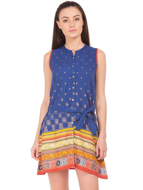 mandarin neck printed a-line dress - 17836581 - Very Small Image - 1