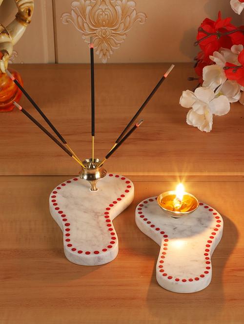 marble charan paduka akhand diya & agarbatti stand - 17837078 - Very Small Image - 1