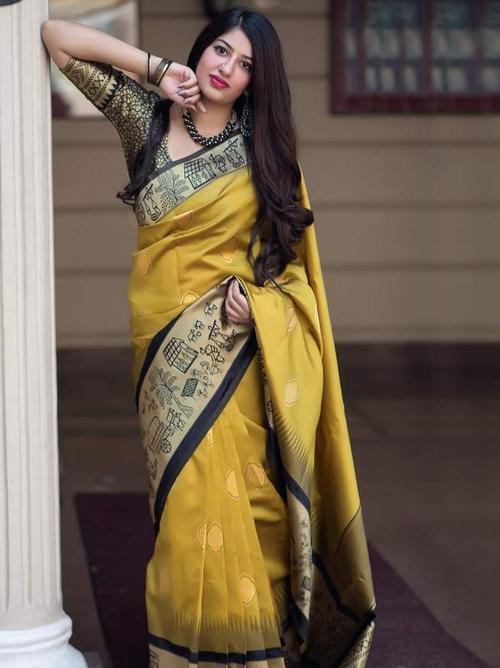 yellow & black color banarasi silk - 17840741 - Very Small Image - 1