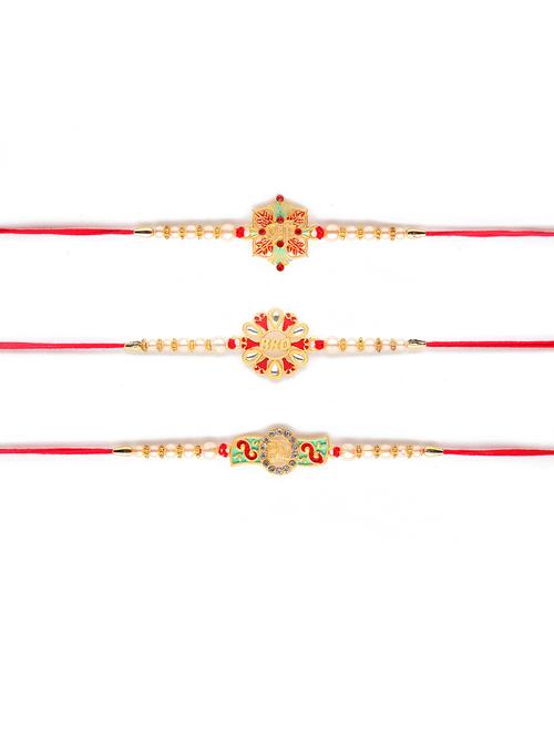 red & gold-coloured thread rakhi set of 3 - 17843084 - Very Small Image - 1
