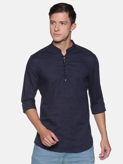 navy blue solid linen short kurta - 17844338 - Very Small Image - 1