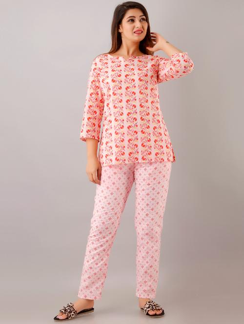 round neck printed nightwear pajama set - 17844419 - Very Small Image - 1
