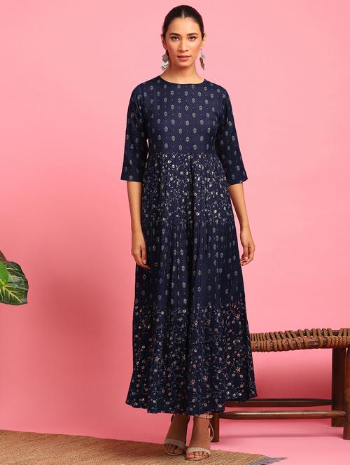 round neck printed fit & flare fusion dress - 17845932 - Very Small Image - 1