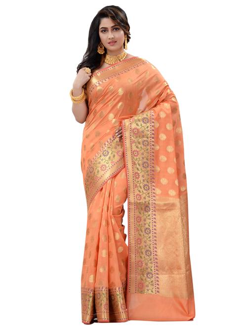 coral banarasi saree with blouse - 17848488 - Very Small Image - 1