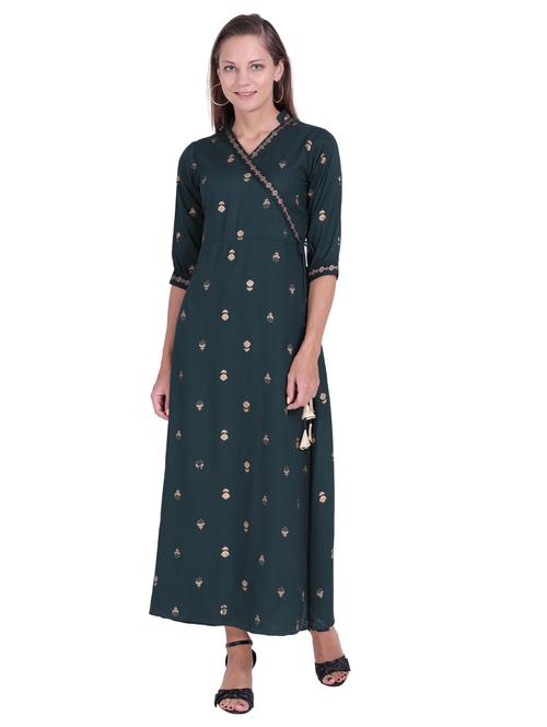 overlap neck foil printed a-line dress - 17850476 - Very Small Image - 1