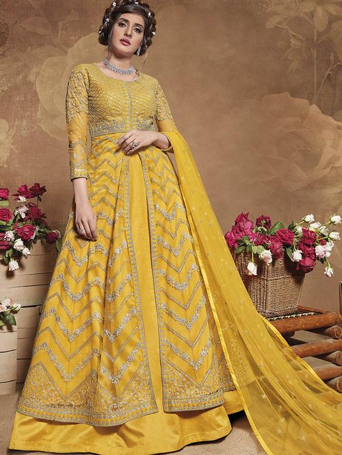 yellow net semistitched suit - 17853266 - Very Small Image - 1