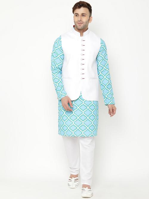 blue printed kurta pyjama set with white solid nehru jacket - 17855794 - Very Small Image - 1