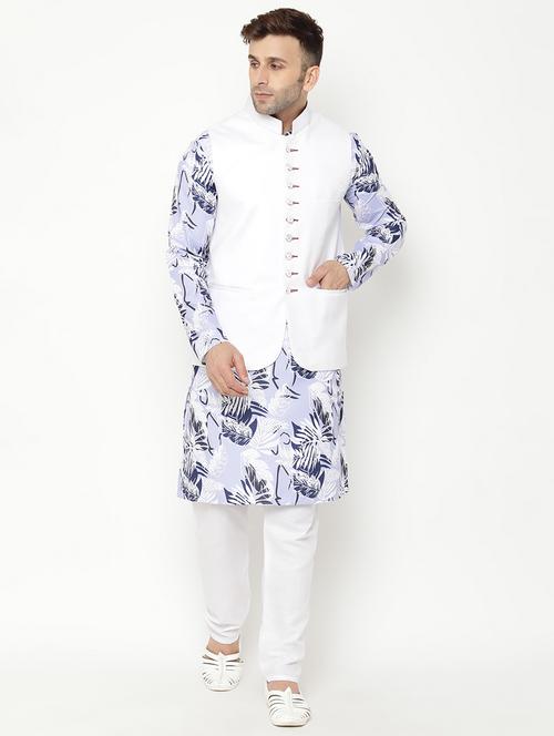 light blue printed kurta pyjama set with white solid nehru jacket - 17855800 - Very Small Image - 1