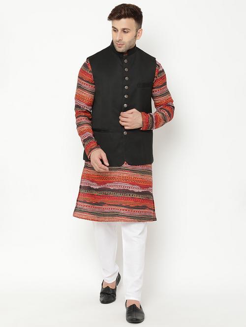red printed kurta pyjama set with black nehru jacket - 17855816 - Very Small Image - 1