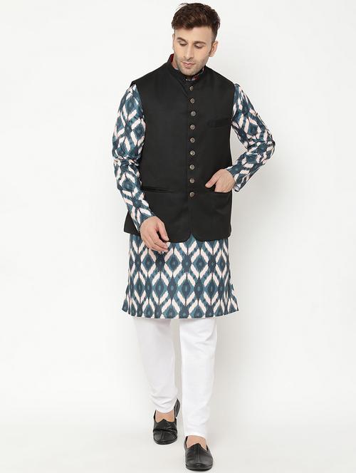 olive green printed kurta pyjama set with black nehru jacket - 17855822 - Very Small Image - 1