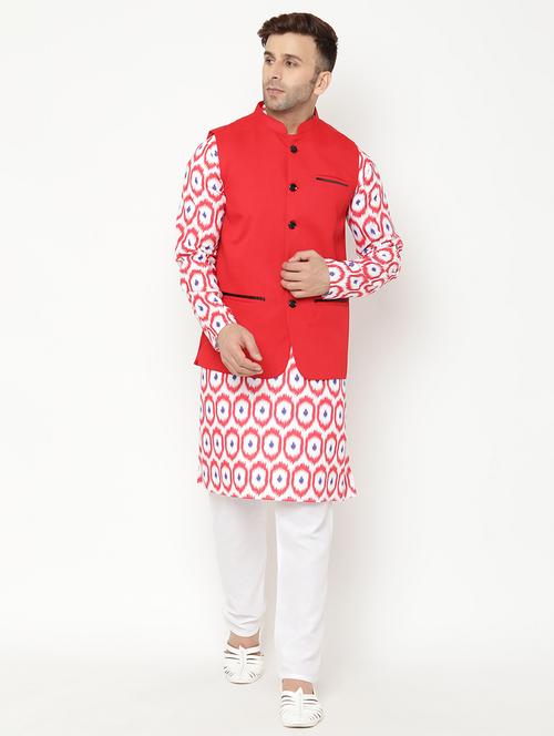 men printed kurta pyjama set with red nehru jacket - 17855830 - Very Small Image - 1