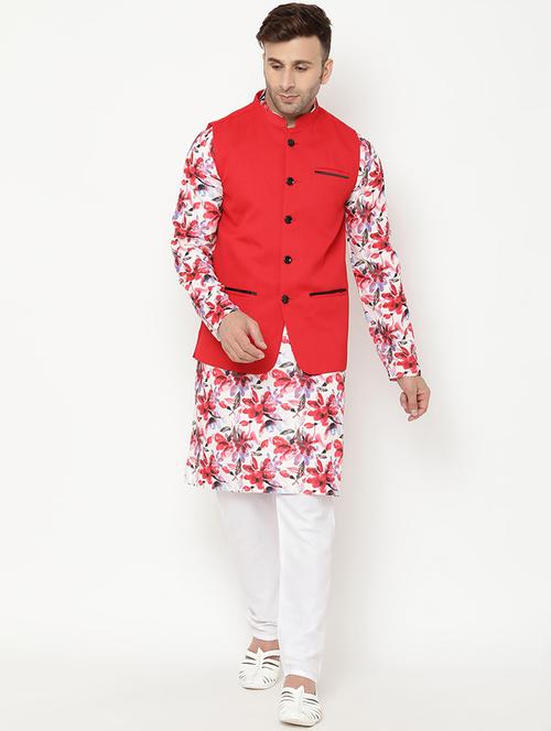 white floral kurta pyjama set with red nehru jacket - 17855836 - Very Small Image - 1