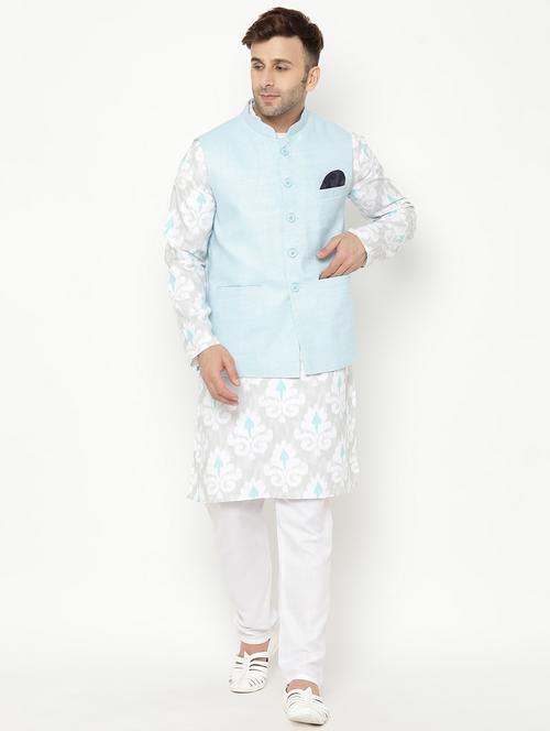 grey printed kurta pyjama set with light blue solid nehru jacket - 17855852 - Very Small Image - 1