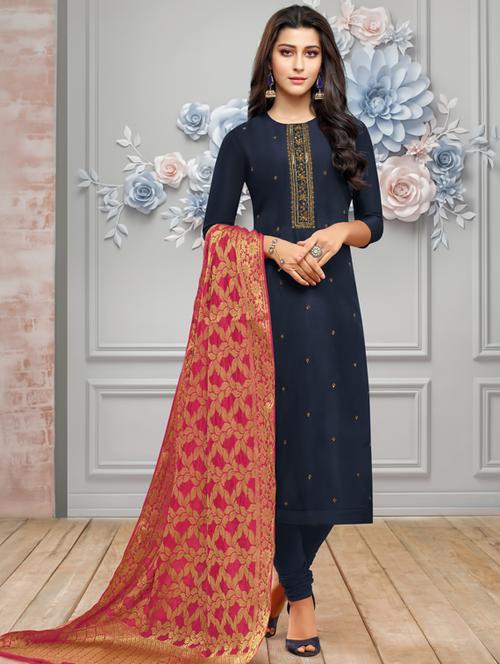 navy straight pant semi-stitched suit - 17856852 - Very Small Image - 1