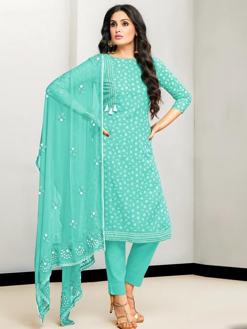 turquoise cotton blend semistitched suit - 17856855 - Very Small Image - 1