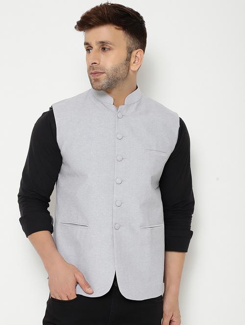 grey solid nehru jacket - 17860057 - Very Small Image - 1