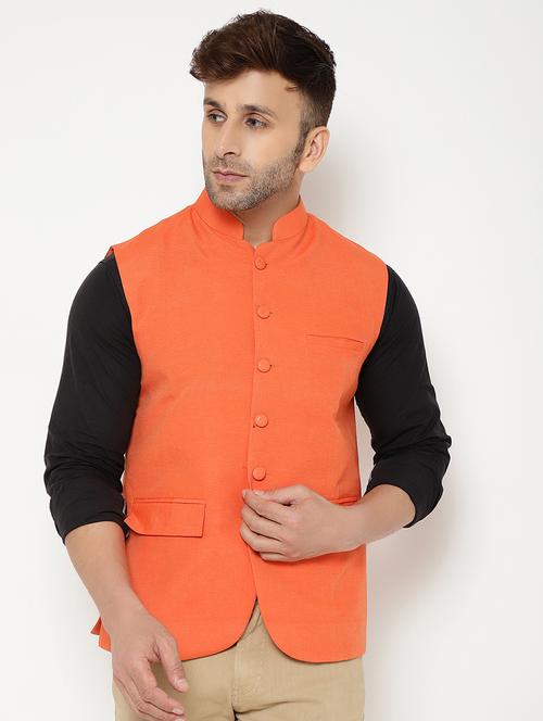orange solid nehru jacket - 17860060 - Very Small Image - 1