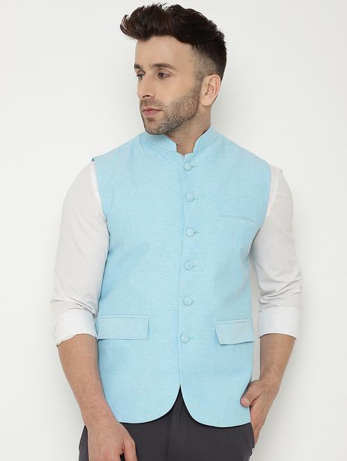 light blue solid nehru jacket - 17860064 - Very Small Image - 1