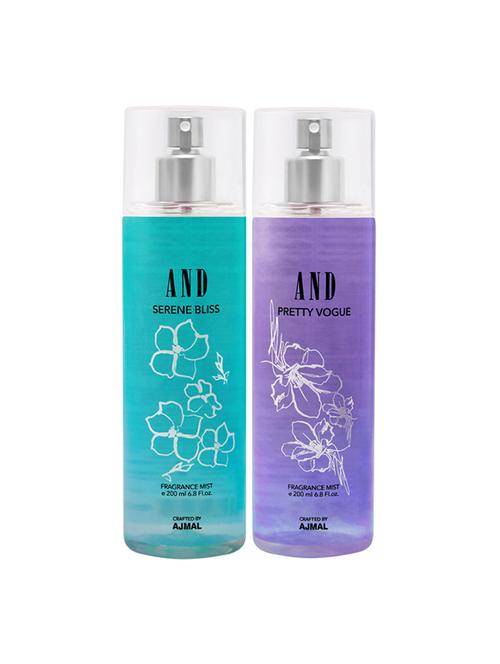 and serene bliss & pretty vogue pack of 2 body mist 200ml each for female crafted by ajmal + 2 parfum testers - 17867600 - Very Small Image - 1