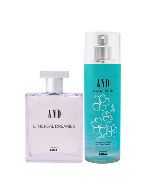 and ethereal dreamer eau de parfum 100ml & serene bliss body mist 200ml pack of 2 for women crafted by ajmal + 2 parfum testers - 17867633 - Very Small Image - 1