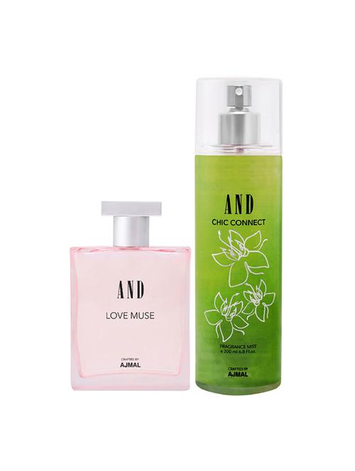 and love muse eau de parfum 50ml & chic connect body mist 200ml pack of 2 for women crafted by ajmal + 2 parfum testers - 17867646 - Very Small Image - 1