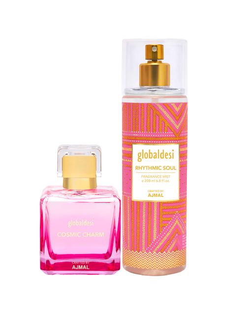 global desi cosmic charm eau de parfum 100ml & rhytmic soul body mist 200ml pack of 2 for women + 2 parfum testers - 17869440 - Very Small Image - 1
