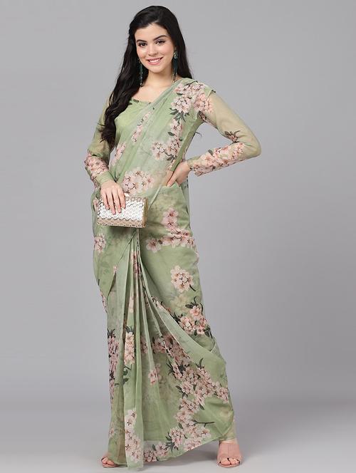 olive floral saree with blouse - 17871191 - Very Small Image - 1