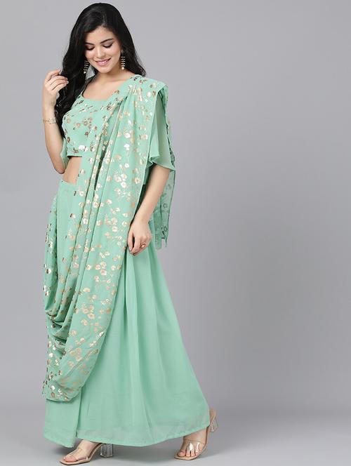 foil print fusion saree with blouse - 17871201 - Very Small Image - 1