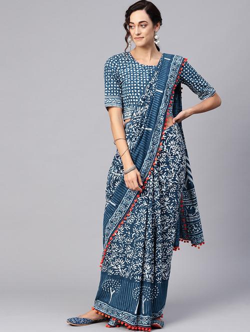 indigo pom pom saree - 17871221 - Very Small Image - 1