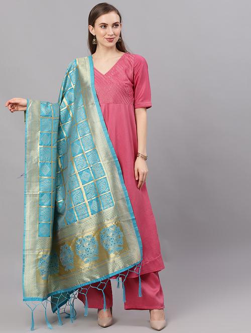 turquoise silk blend dupatta - 17871538 - Very Small Image - 1