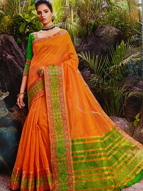 orange ?? colour saree with mehandi - 17873316 - Very Small Image - 1
