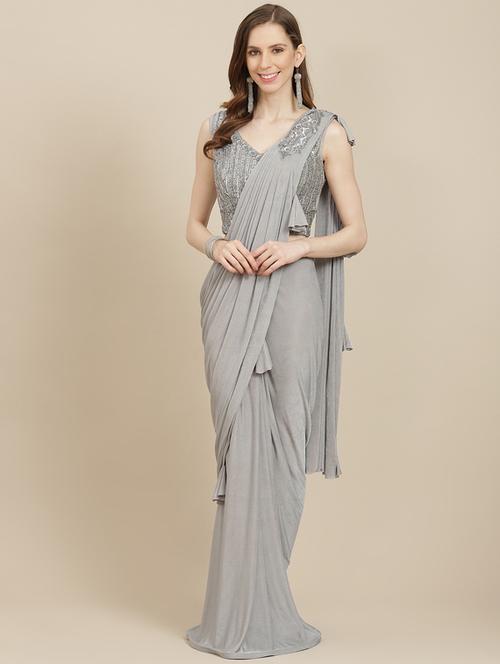 solid draped saree with blouse - 17874075 - Very Small Image - 1