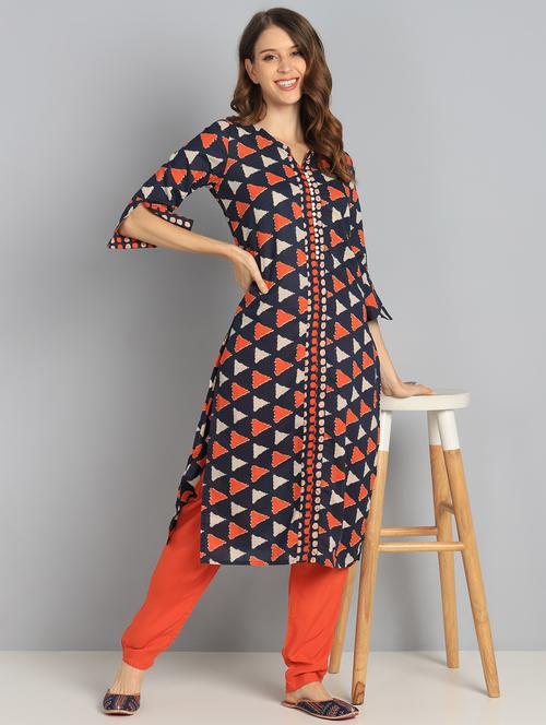 navy cotton kurta pant set - 17874888 - Very Small Image - 1