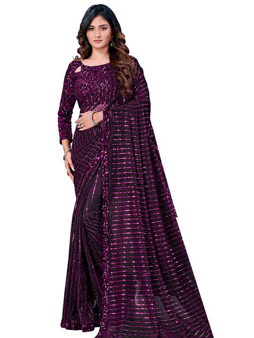 lace detailed sequined saree with blouse - 17883258 - Very Small Image - 1