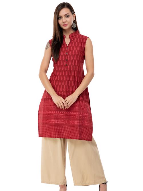 m2r printed cotton blend mandarin collar neck kurti for women - 17885839 - Very Small Image - 1