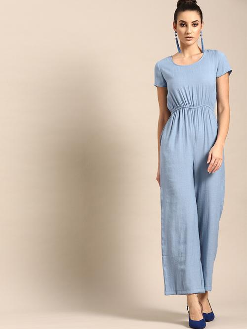 overlap neck solid full leg jumpsuit - 17885943 - Very Small Image - 1