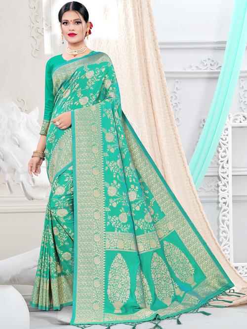 turquoise silk blend banarasi saree with blouse - 17887307 - Very Small Image - 1