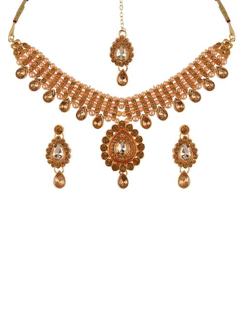 gold plated choker necklace earrings tikka set - 17889602 - Very Small Image - 1
