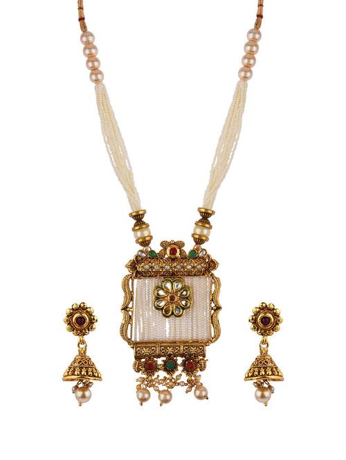gold plated kundan pearl strand pendant necklace earring set - 17889608 - Very Small Image - 1