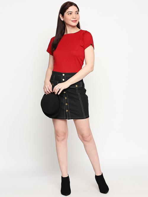 round neck solid top and skirts set - 17889662 - Very Small Image - 1