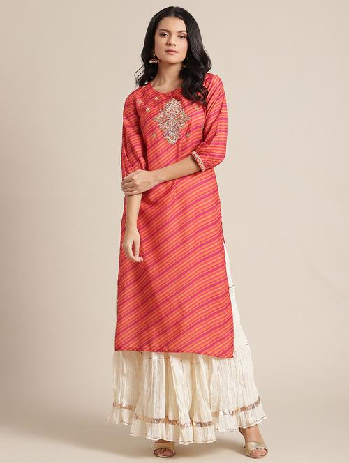 orange round neck embroidered straight kurta - 17895170 - Very Small Image - 1