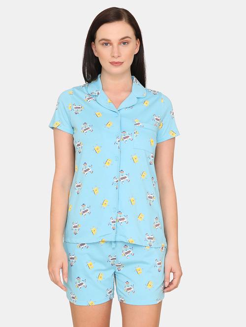 lapel neck printed nightwear sorts set - 17895542 - Very Small Image - 1