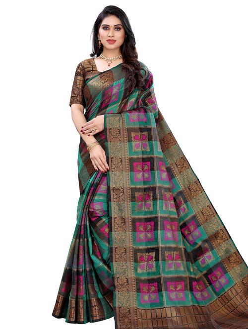 checkered woven saree with blouse - 17897150 - Very Small Image - 1