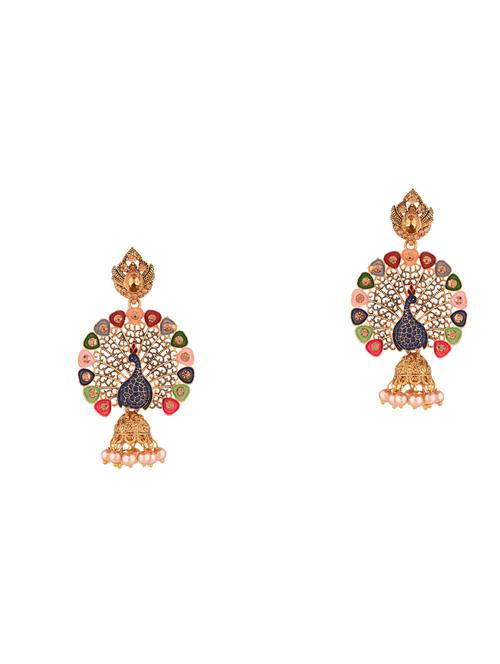 kundan peacock jhumka earrings set - 17897681 - Very Small Image - 1