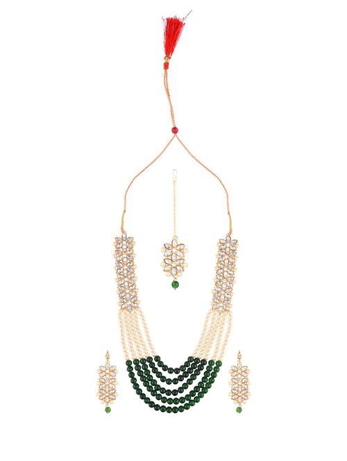 gold plated kundan necklace set with earrings & maang tikka - 17898141 - Very Small Image - 1