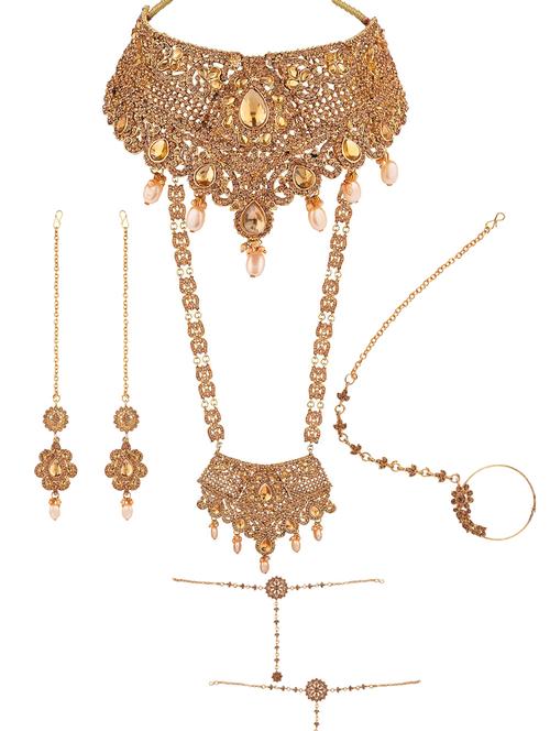 kundan crystal bridal jewellery set necklace earrings mangtikka nath hathphool - 17898148 - Very Small Image - 1