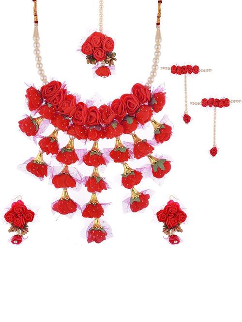 flower bridal necklace earring maang tikka set - 17898170 - Very Small Image - 1